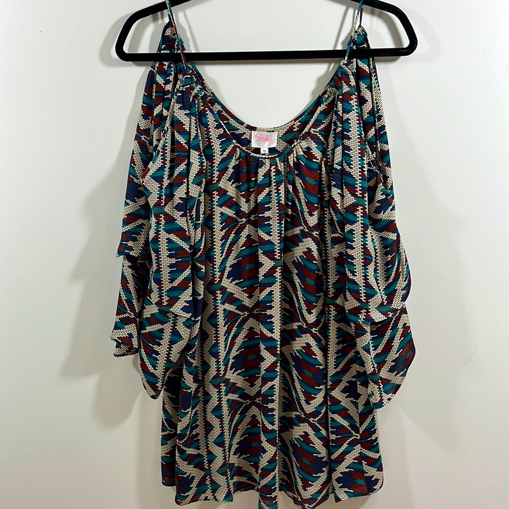 Parker>Silk Cold shoulder patterned mini dress GUC